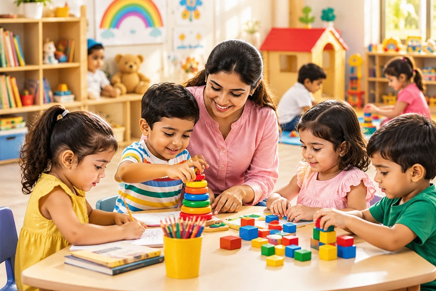 Happy kids learning together in classroom